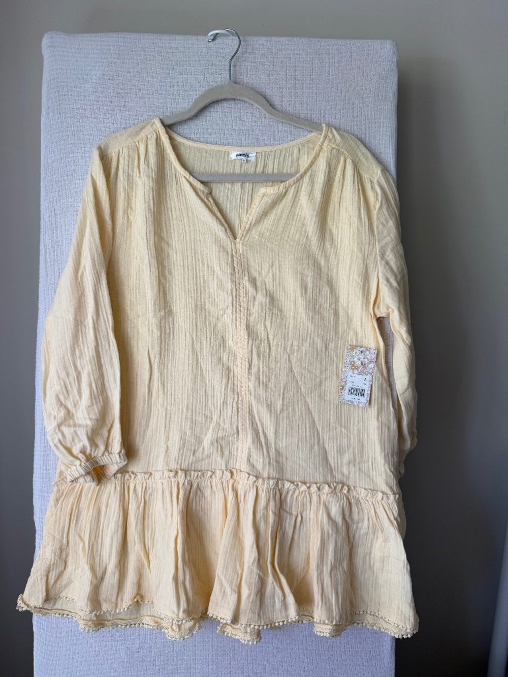 Ladies Kensie Puff Sleeve Tunic -Vanilla (Soft Yellow) M 100% Cotton India NWT